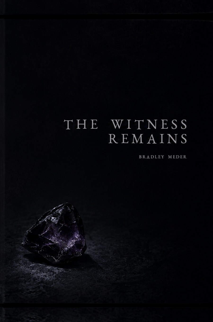 Cover of The Witness Remains by Bradley Meder: a dark amethyst crystal on a black background